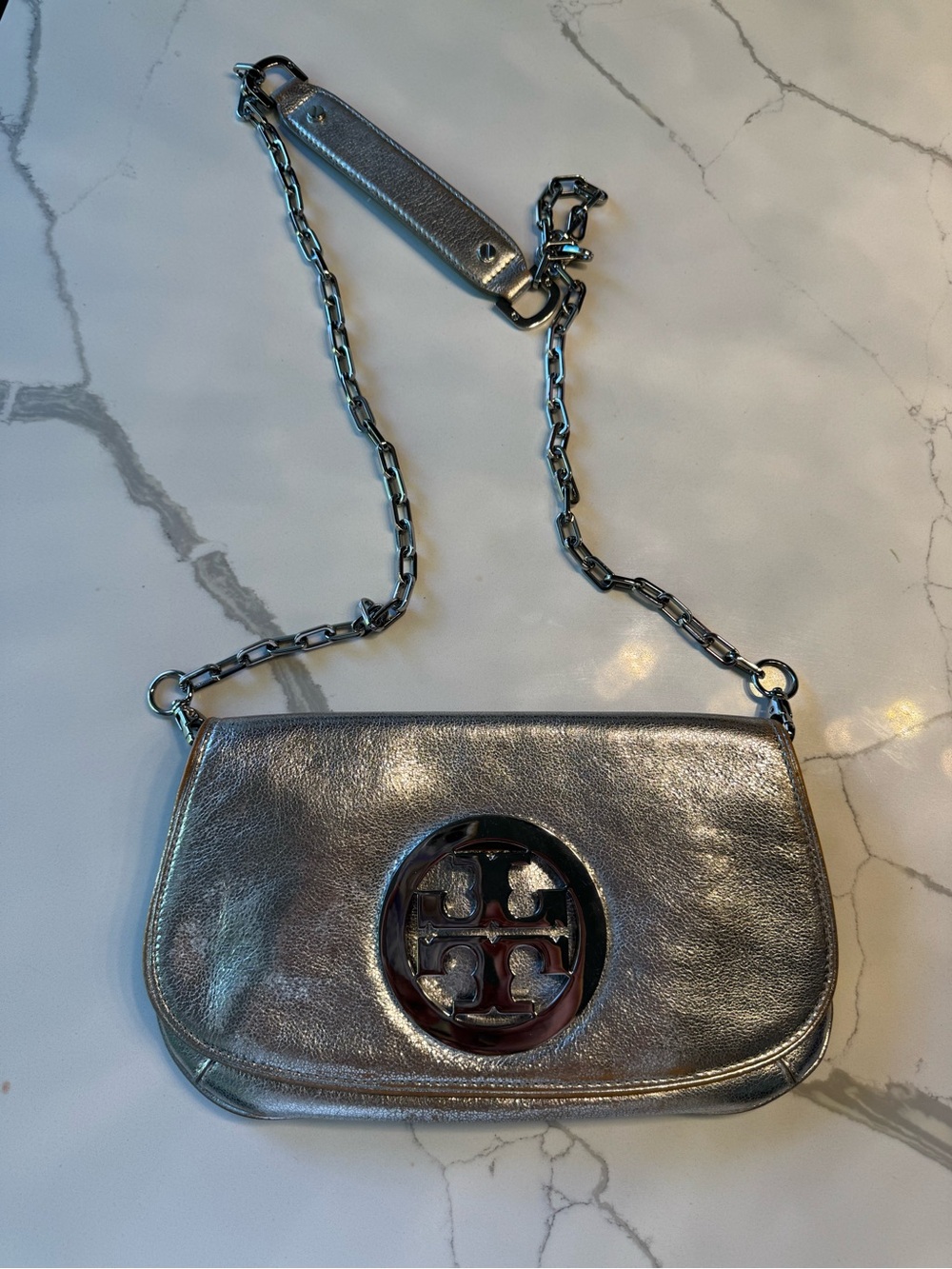 Tory Burch Metallic Silver Leather Chain Crossbody with Logo Emblem